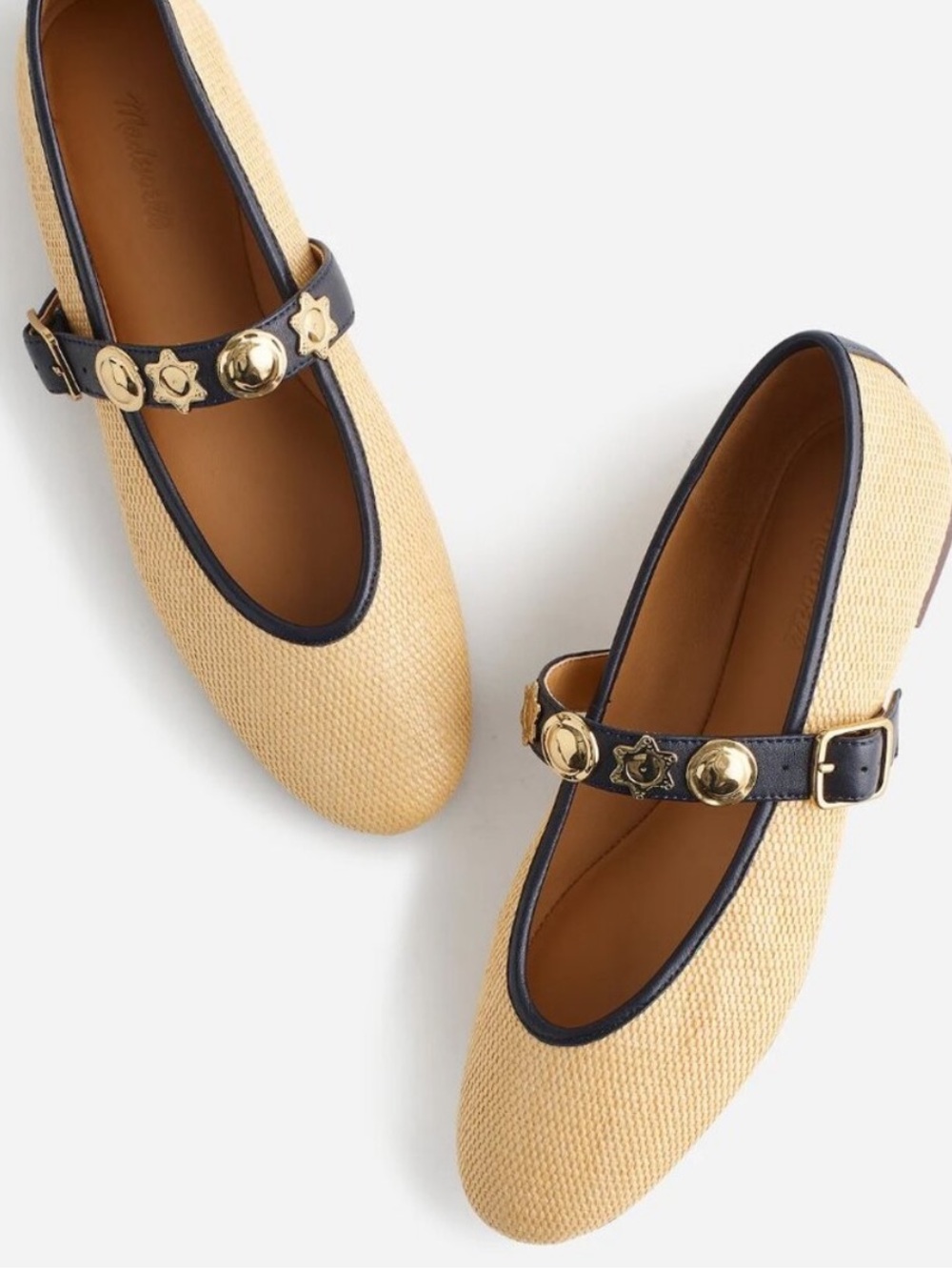 Madewell Beige Raffia Mary Jane Flats with Black Trim & Gold Hardware